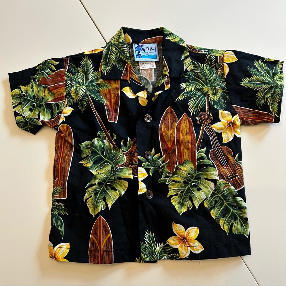 RJC Hawaiian Floral Guitar Surfboard Shirt Short Sleeve Sz 12m